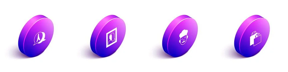 Set Isometric Eiffel tower, Portrait picture in museum, Cook and Paper shop.. Stock Illustration