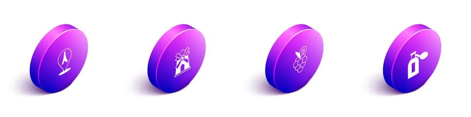 Set Isometric Eiffel tower, Windmill, Grape fruit and Perfume icon. Vector イラスト素材