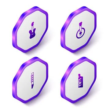 Set Isometric Electric bass guitar, Banjo, Flute and Keytar icon. Purple hexagon Ilustração Stock