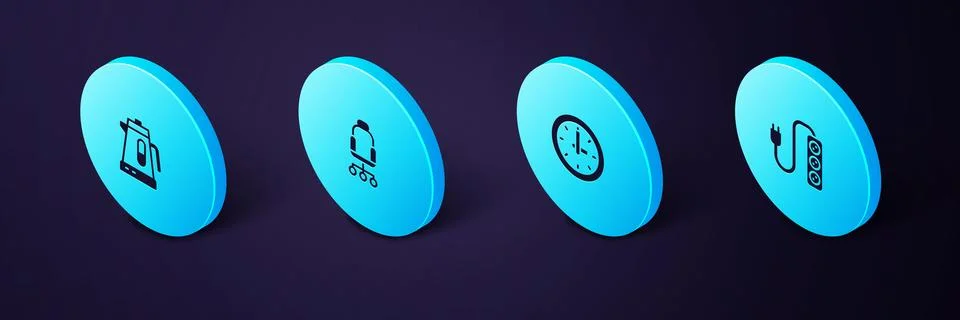 Set Isometric Electric extension, Clock, Office chair and kettle icon. Vector Illustrazione stock