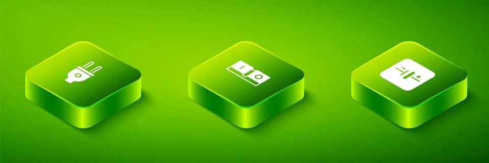 Set Isometric Electric light switch, DC voltage source and plug icon. Vector Illustrazione stock