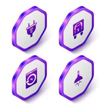 Set Isometric Electric plug, Electrical panel, Washer and Lamp hanging icon Stock Illustration