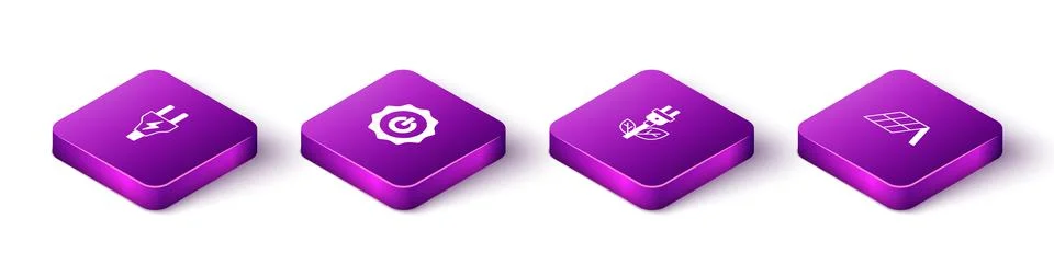 Set Isometric Electric plug, Power button, saving in leaf and Solar energy panel Stock Illustration