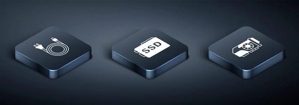 Set Isometric Electric plug, Video graphic card and SSD icon. Vector Stock Illustration
