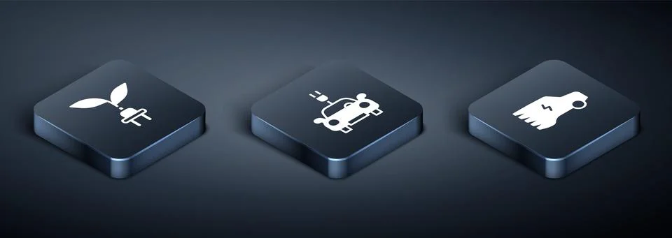 Set Isometric Electric saving plug in leaf, car and icon. Vector Stock Illustration