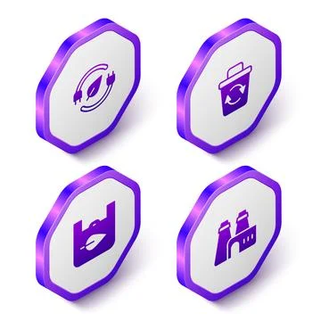 Set Isometric Electric saving plug in leaf, Recycle bin, Shopping bag with Ilustración de archivo