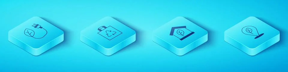 Set Isometric Electric saving plug in leaf, Shopping bag with recycle, Loca.. Ilustración de archivo