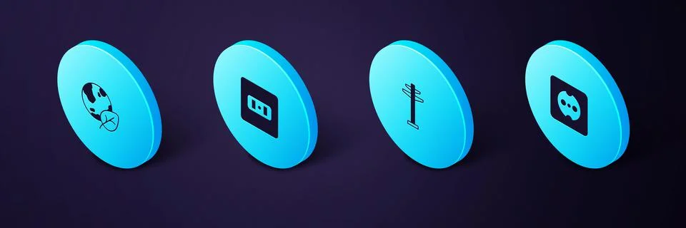 Set Isometric Electrical outlet, tower, and Earth globe and leaf icon. Vector Stock-Illustration