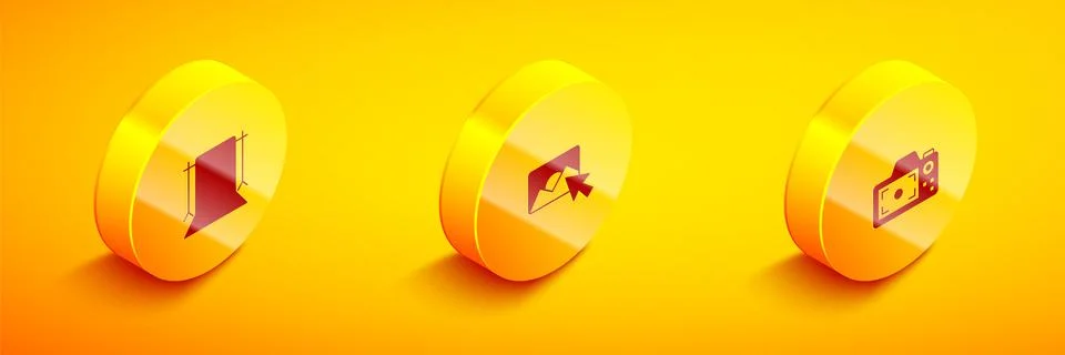 Set Isometric Empty photo studio, Photo retouching and camera icon. Vector 스톡 일러스트