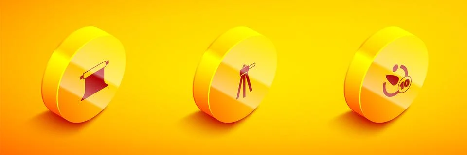 Set Isometric Empty photo studio, Tripod and Camera timer icon. Vector Stock Illustration