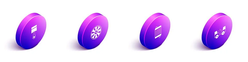 Set Isometric Engine piston, Alloy wheel for car, Car radiator cooling syst.. Stock Illustration