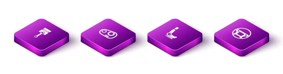 Set Isometric Engine piston, Car headlight, seat and Steering wheel icon. Vector Illustrazione stock