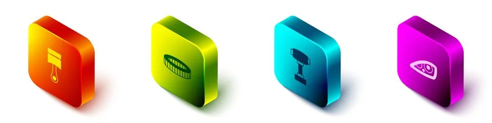 Set Isometric Engine piston, Car air filter, Gear shifter and headlight icon Stock Illustration