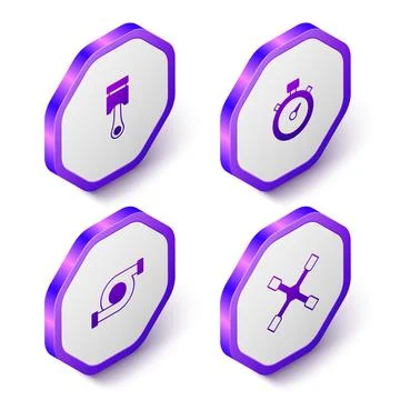 Set Isometric Engine piston, Stopwatch, Automotive turbocharger and Wheel wrench Stock Illustration