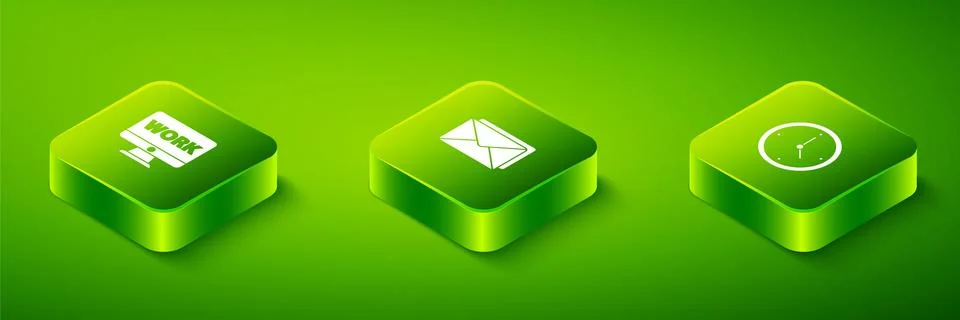 Set Isometric Envelope, Clock and Monitor with text work icon. Vector イラスト素材