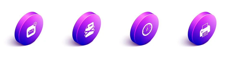 Set Isometric Envelope, Delete file document, Clock and Printer icon. Vector Stockillustratie