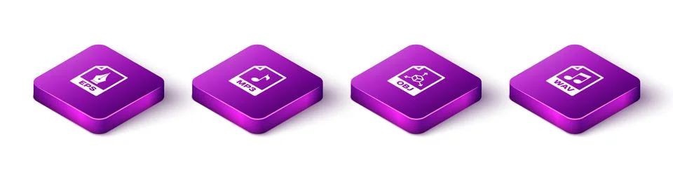Set Isometric EPS file document, MP3, OBJ and WAV icon. Vector Stock Illustration