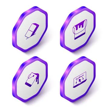 Set Isometric Eraser or rubber, Paint bucket,  and Computer with design pro.. Illustrazione stock