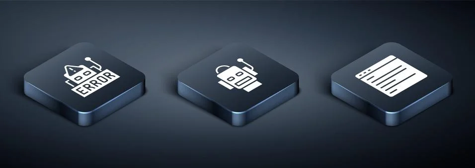 Set Isometric Error in robot, Computer api interface and Robot icon. Vector Stockillustratie