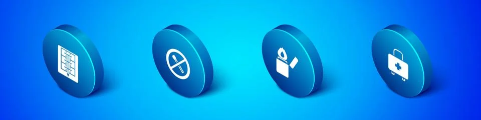 Set Isometric Evacuation plan, Lighter, First aid kit and No fire match icon Ilustración de archivo