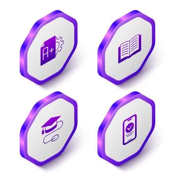 Set Isometric Exam sheet with A plus grade, Open book, Graduation cap mouse and Stock Illustration