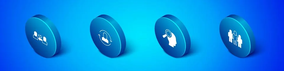 Set Isometric Exchange work, Magnifying glass for search job, Project team base Stock Illustration
