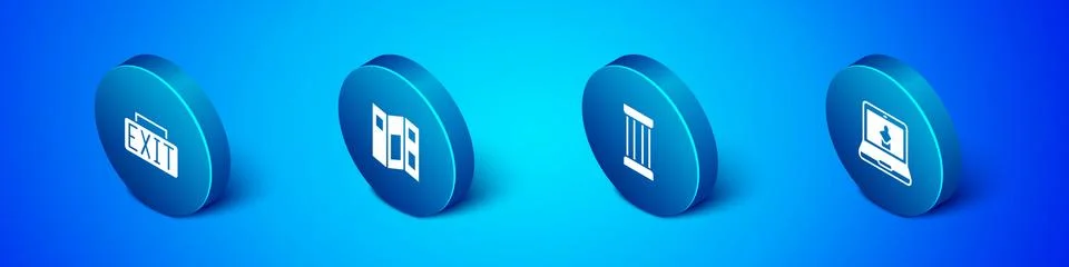 Set Isometric Exit sign, Ancient column, Online museum and Museum guide brochure Ilustración de archivo