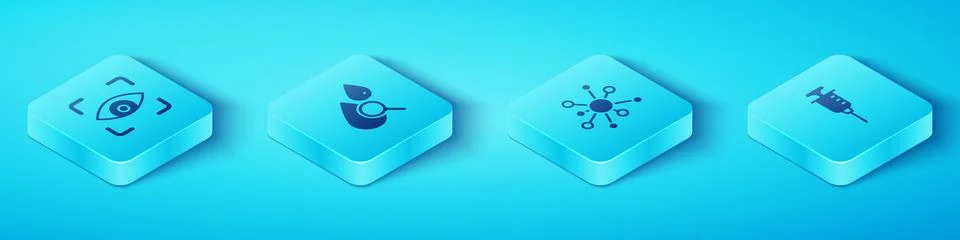 Set Isometric Eye scan, Drop and magnifying glass, Syringe and Molecule ico.. Ilustração Stock