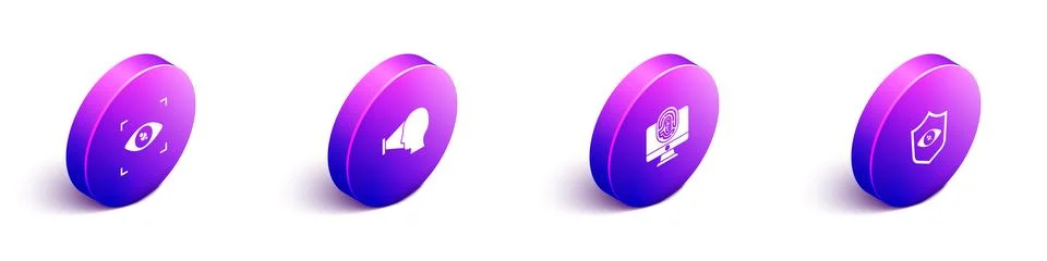 Set Isometric Eye scan, Face recognition, Monitor with fingerprint and Shield Stock Illustration