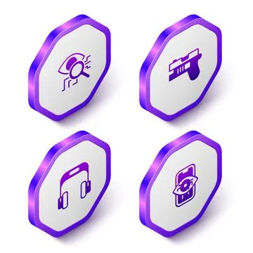 Set Isometric Eye scan, Futuristic weapon, Headphones and Computer vision icon Stock Illustration