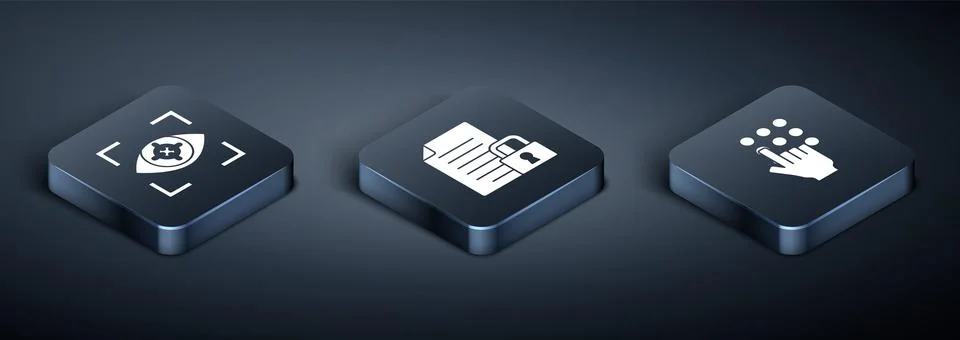 Set Isometric Eye scan, Password protection and Document and lock icon. Vector Illustrazione stock