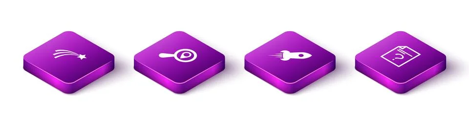 Set Isometric Falling star, Search location, Rocket ship with fire and Unknow Illustrazione stock