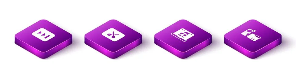 Set Isometric Fast forward, Music video editing, Laptop with music and Cinema Stock Illustration