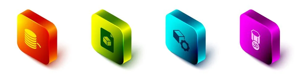 Set Isometric Filament for 3D printer, Isometric cube file,  and  icon. Vecto Stock Illustration