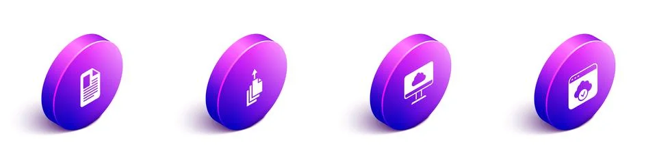 Set Isometric File document, Data export, Cloud technology data transfer and Illustrazione stock
