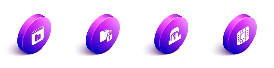 Set Isometric File missing, Folder and lock, Hangar with servers and Processor Stock Illustration