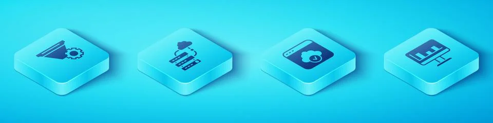 Set Isometric Filter setting, Network cloud connection, Monitor with graph chart Illustrazione stock