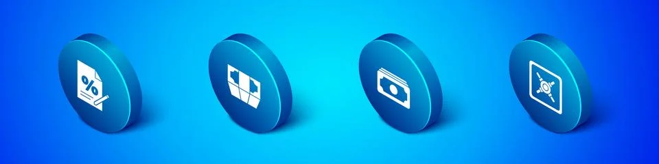Set Isometric Finance document, Stacks paper money cash, Safe and icon. Vector 库存插图