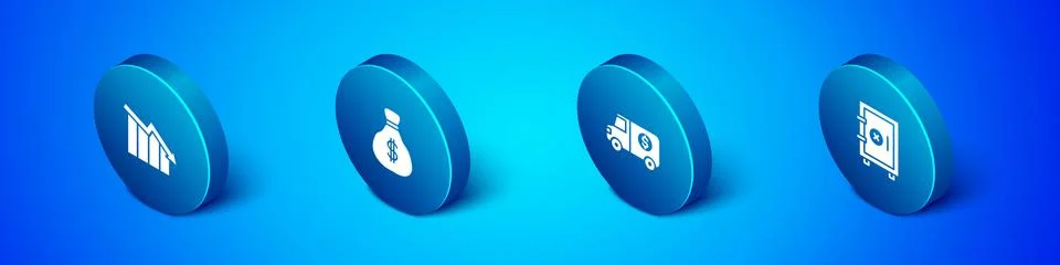 Set Isometric Financial growth decrease, Armored truck, Safe and Money bag icon 库存插图