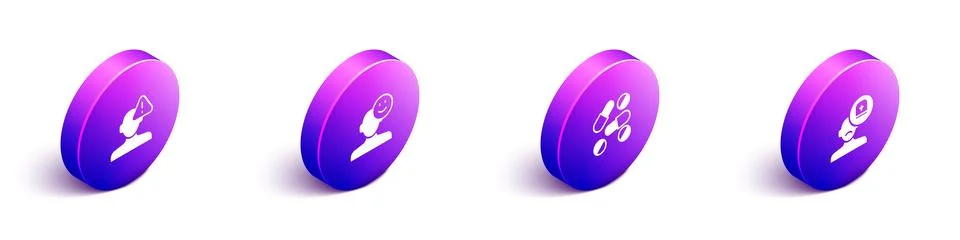 Set Isometric Finding a problem in psychology, Good mood, Medicine pill or Illustrazione stock