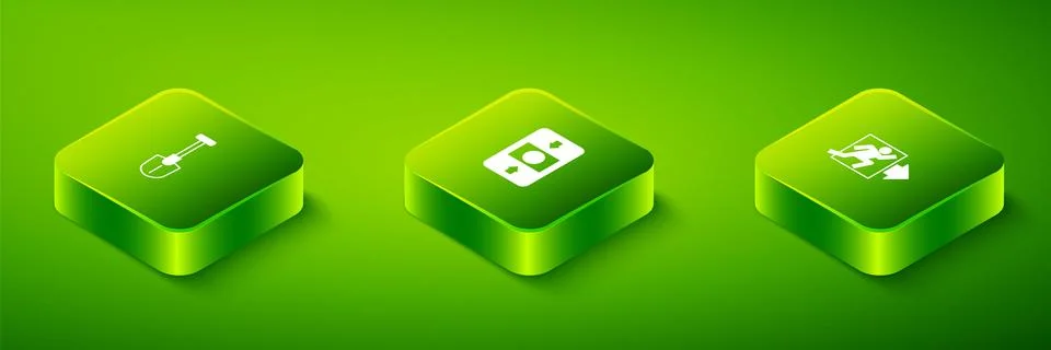 Set Isometric Fire alarm system, exit and shovel icon. Vector Stock Illustration