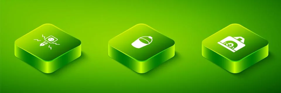 Set Isometric Fire bucket, Interior fireplace and Electricity spark icon. Vector Stock Illustration