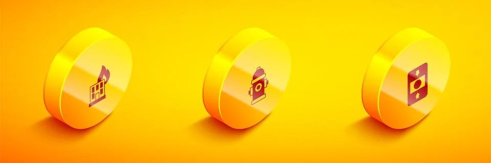 Set Isometric Fire in burning building, hydrant and alarm system icon. Vector Ilustración de archivo