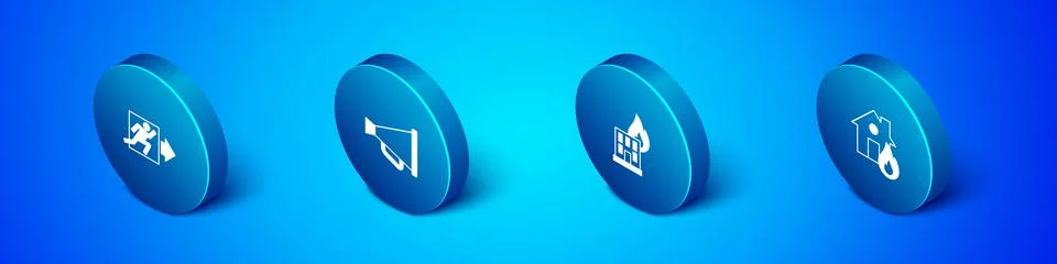 Set Isometric Fire exit, in burning building, house and Megaphone icon. Vecto Ilustración de archivo