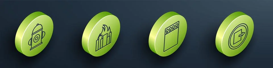 Set Isometric Fire hydrant, Fire in burning buildings, Open matchbox and matches Stock Illustration