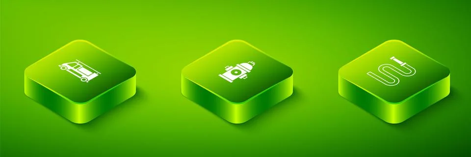 Set Isometric Fire hydrant, hose reel and truck icon. Vector Stock Illustration