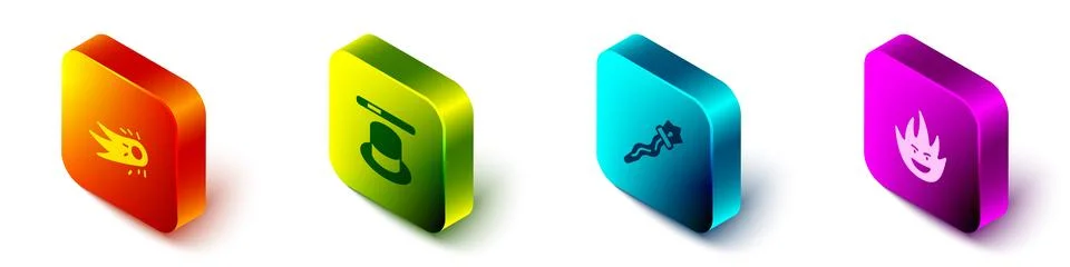 Set Isometric Fireball, Magic hat and wand, staff and flame icon. Vector Stock Illustration