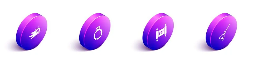 Set Isometric Fireball, Magic stone ring with gem, scroll and Witches broom.. Stock Illustration