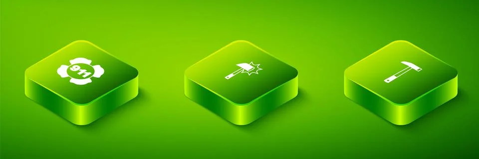 Set Isometric Firefighter axe, and Emergency call 911 icon. Vector Illustration