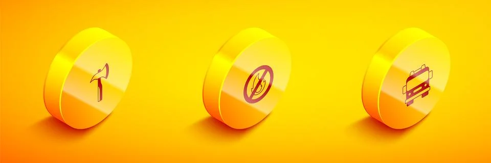 Set Isometric Firefighter axe, No fire and truck icon. Vector 스톡 일러스트